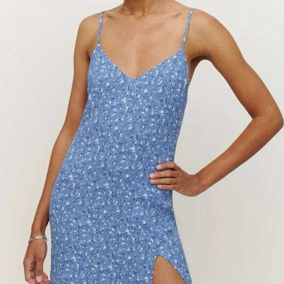 NWOT Reformation Crimini Blue Floral Midi Dress Slit Hem Women’s Size 0 - Picture 7 of 9